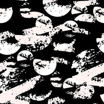 Seamless abstract pattern with textured circular shapes in soft beige and black tones. Bold modern contrast design with artistic brush texture and geometric rhythm vector