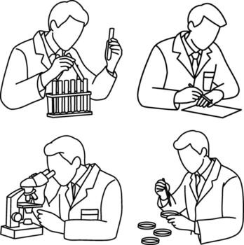 científico trabajando en laboratorio línea Arte ilustración conjunto de investigación experimentar y microscopio observación vector