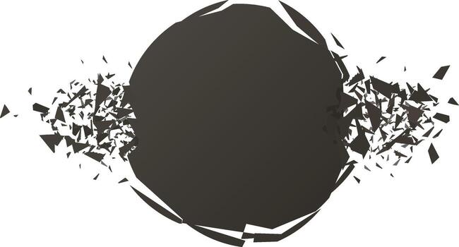 Dark circle exploding into abstract fragments on white background vector