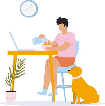 Man having breakfast with dog while working from home vector