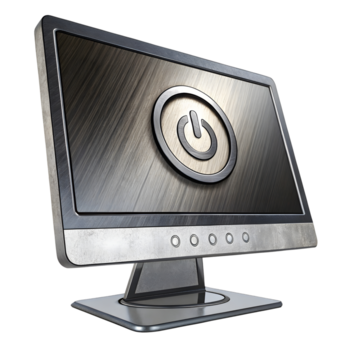 moderno computer tenere sotto controllo visualizzazione un' metallico energia pulsante simbolo su un' spazzolato metallo schermo isolato su trasparente sfondo png