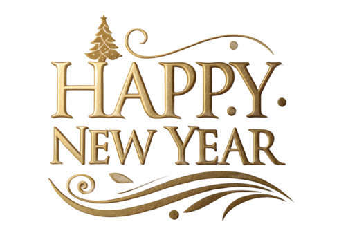 Elegant golden happy new year text design with festive tree and swirls isolated on transparent background png