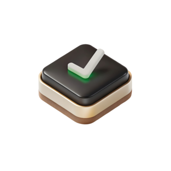3d rendered square button with green checkmark isolated on transparent background png
