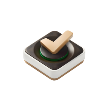 A golden check mark symbol rests on a square button isolated on transparent background png