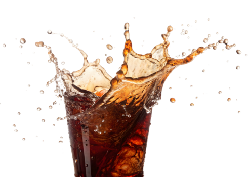 Dynamic cola splash frozen in time with ice cubes isolated on transparent background png