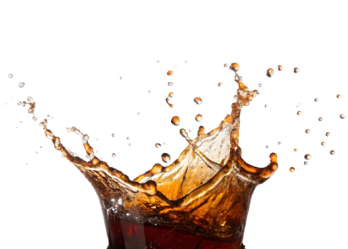 Dynamic cola splash frozen in time with bubbles isolated on transparent background png