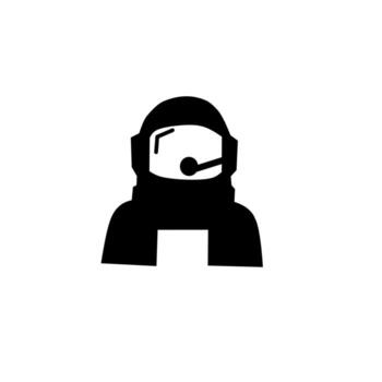 Icon of an astronaut, pilot, or call center agent wearing a helmet and a headset with a microphone. Represents communication, space, support, flight, and exploration. vector