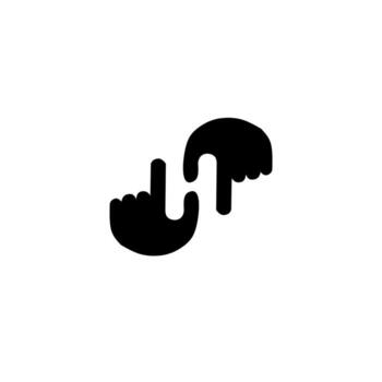 A striking, minimal illustration featuring two hands with index fingers pointing at each other in a mirror effect, signifying interaction, connection, focus, or digital control. vector