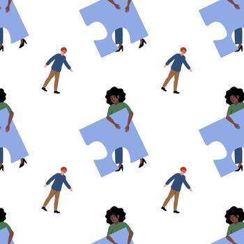 creativo rompecabezas modelo presentando diverso caracteres en vibrante colores vector