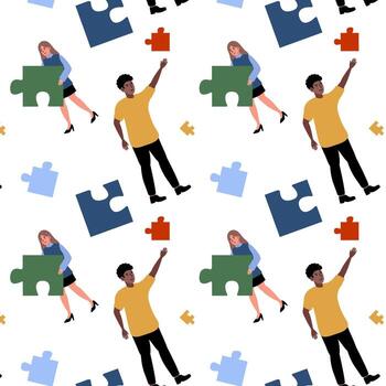 Creative team working with puzzle pieces in a vibrant collaborative environment vector