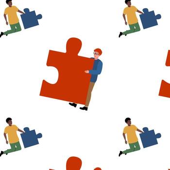 Creative teamwork in a puzzle assembly task at a modern workspace vector