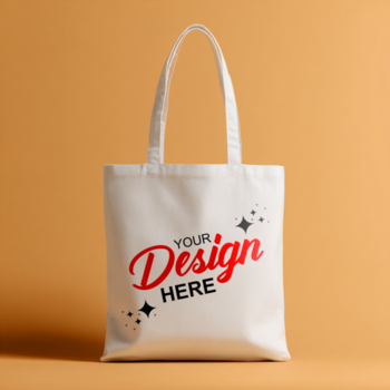 un' bianca tela totalizzatore Borsa con il tuo design Qui testo e scintillante stella grafica, presentata contro un' strutturato arancia sfondo, ideale per costume il branding psd