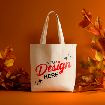 un' vuoto tela totalizzatore Borsa con il testo il tuo design Qui è visualizzato contro un' caldo arancia sfondo, ornato con autunno le foglie su o lato, la creazione di un' accogliente e invitante di stagione modello psd