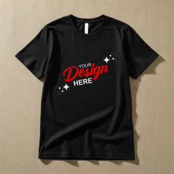 un' nero maglietta con un' rosso e bianca il tuo design Qui grafico, di cui piatto su un' strutturato superficie con un' delicato modello psd