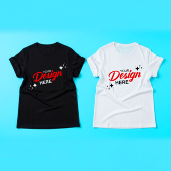 un' nero maglietta e un' bianca maglietta, tutti e due piegato e visualizzazione il tuo design Qui testo, presentata contro un' luminosa blu sfondo psd