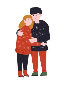 contento Pareja abrazando en invierno tejer suéteres con copo de nieve patrones vector