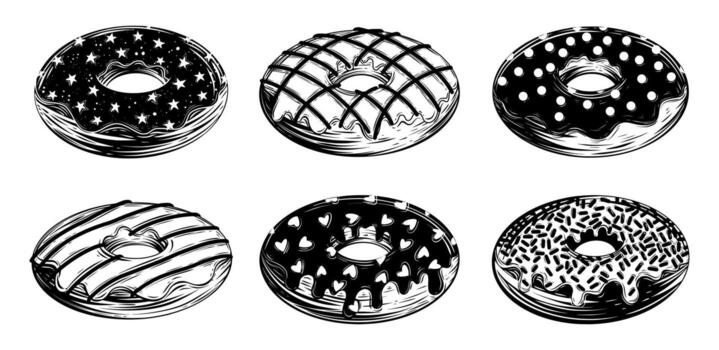 Set of sprinkles and icing donuts with cream and chocolate. Black ink isolated illustration in sketch line style vector