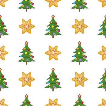Navidad sin costura modelo con decorado abeto arboles y pan de jengibre estrella galletas en blanco. festivo repetir impresión para textiles, envase vector