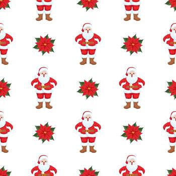 Christmas seamless pattern with Santa Claus figures and red poinsettia flowers on a white background. Festive repeat print for textiles or wrapping. vector