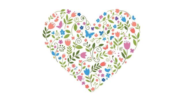 Decorative heart shape filled with an assortment of colorful spring flowers, lush green leaves, and delicate butterflies on a white background. vector