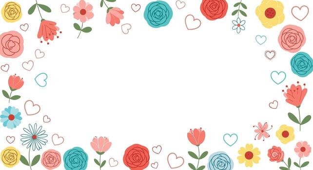 A charming and colorful floral frame with scattered hearts, perfect for spring and summer greeting cards, invitations, or decorative backgrounds. vector