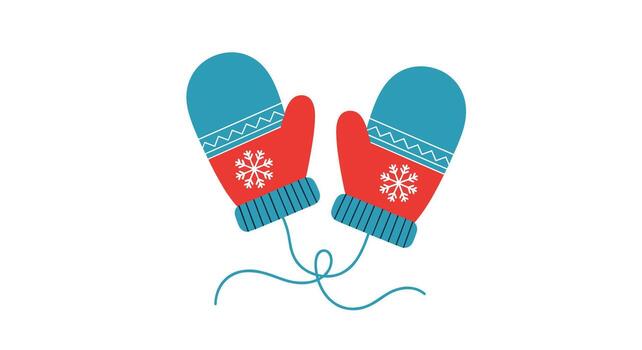 A pair of cozy, colorful winter mittens in red and blue with snowflake patterns, connected by a string, ready for cold weather. vector