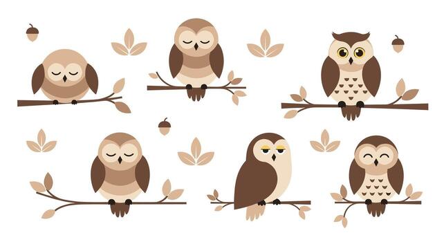 caprichoso búhos encaramado en ramas con hojas, bellotas, y diverso expresiones crear un encantador, inspirado en la naturaleza diseño en variar marrón matices vector