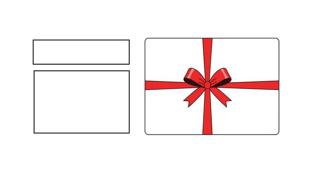A simple white gift card with a red ribbon and bow is displayed on a white background. vector