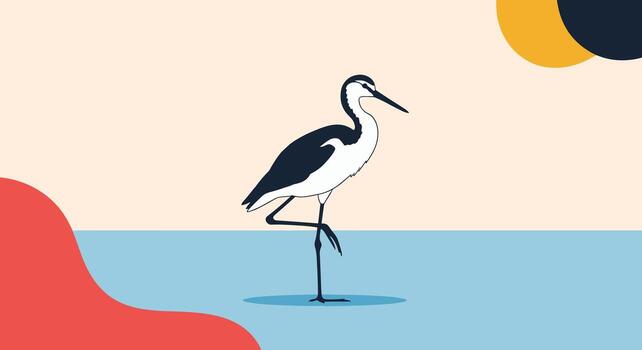 Minimalist Illustration of a Stilts Bird Standing in Shallow Water with Geometric Shapes in the Background. vector
