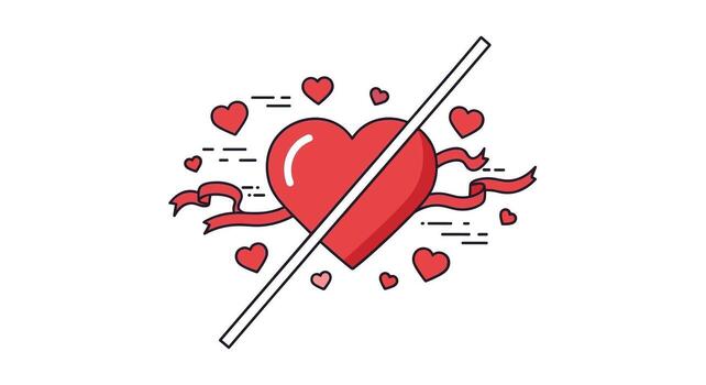 A heart illustration with a line through it suggesting rejection or cancellation of love, surrounded by hearts and a ribbon on a white background. vector