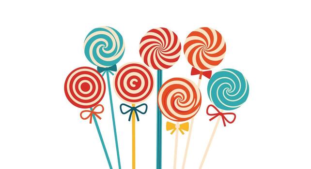 A colorful collection of swirl lollipops on white background with bows. vector