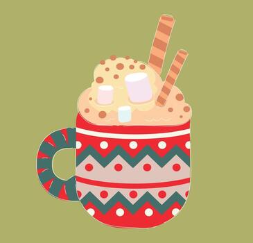 patterned mug filled with cocoa and marshmallows, two wafer sticks and sprinkling cinnamon dust vector