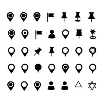 variedad conjunto de negro mapa puntero, alfiler y ubicación íconos vector