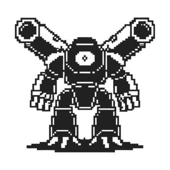 Pixel art futuristic robot with twin cannons retro mechanical character, digital cyborg machine with heavy armor design vector