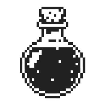 píxel Arte magia poción botella retro juego estilo, negro blanco envase, pixelado elixir, fantasía alquimia símbolo vector