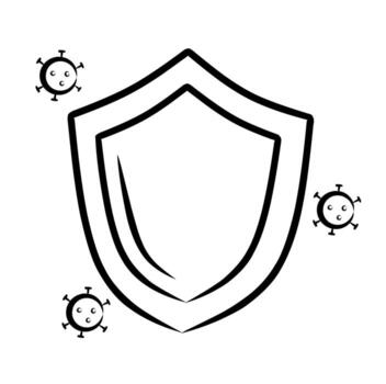 Sketch illustration of a protective shield surrounded by virus particles, drawn in a hand-drawn outline style with minimal shading, symbolizing health defense, safety, and protection from infection vector