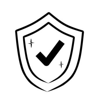 Sketch illustration of a protective shield with a bold check mark in the center and small sparkles around it, drawn in outline style with minimal shading, symbolizing security, and health protection vector