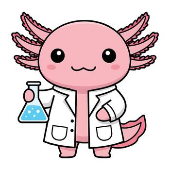 Adorable Kawaii Axolotl Scientist Mascot Illustration with Lab Coat and Erlenmeyer Flask for Science Education and Research vector