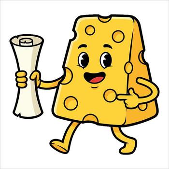 Happy Cartoon Cheese Mascot Presenting Scroll Document and Pointing Fun Illustration for Announcements and Certificates vector