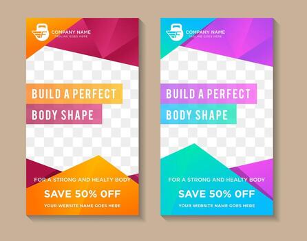 Fitness gym business standee rollup two design, modern exercise signage pullup, training center retractable banner on vertical layout. polygon shape gradient color pattern template design. vector