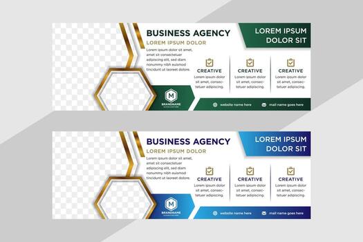 Hexagon shape of photo collage from horizontal layout of banner use mosaic blue, gold and green gradient on elements isolated on white background.. vector