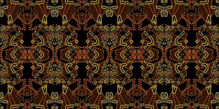 Vibrant geometric design displays an array of abstract shapes with rich colors including orange, green, and black. The pattern captures a sense of movement and creativity in its layout. vector