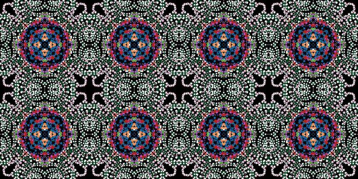 Vibrant Dotted Kaleidoscope Seamless Pattern . Ornamental Repeat Background. Decorative Abstract Digital Craft Background. Intricate Round Shape Symmetrical Pattern . vector