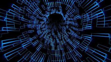 Looped animation of blue glowing tunnel made of geometric rectangular patterns on a black background. Moving through digital cyberspace corridor with bright luminous shapes. Seamless VJ Loop 4K 60fps video