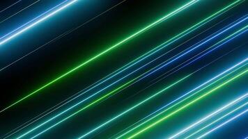 Seamless loop futuristic background with moving green and blue neon diagonal light streaks. Abstract animated texture with bright glow stripes in science fiction or computer technology style. 4K 60fps video