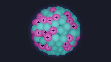 3d illustration av ett atom- kärna sammansatt av färgrik protoner och neutroner, lysande mjukt mot en mörk bakgrund, symboliserar kärn energi, fysik, och subatomära strukturera video