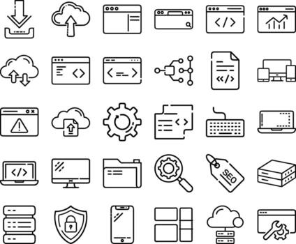 web desarrollo línea íconos conjunto - codificación, nube, y tecnología contorno colección vector