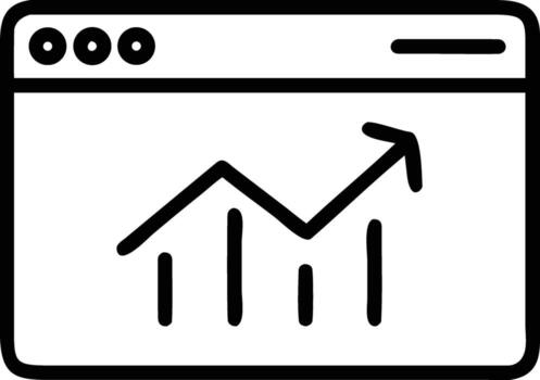 Black line art icon of a web browser window with a rising graph vector