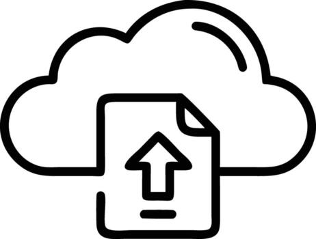 Black outline of a cloud with an upload arrow icon on a document vector