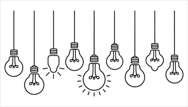 Row of hanging outline light bulbs with some illuminated by radiating lines on a white background illustration vector